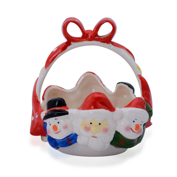 Multi Colour Ceramic Basket with Santa and Two Snowmen