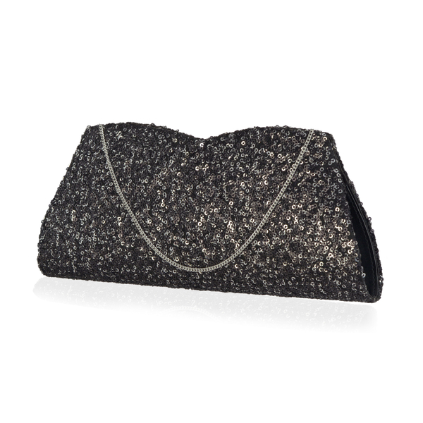 Black Colour Satin Clutch Bag with Silver Sequins and Chain Strap (Size 26x10 Cm)