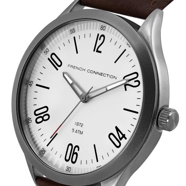 French Connection Quartz White Dial Watch with Brown Leather Strap
