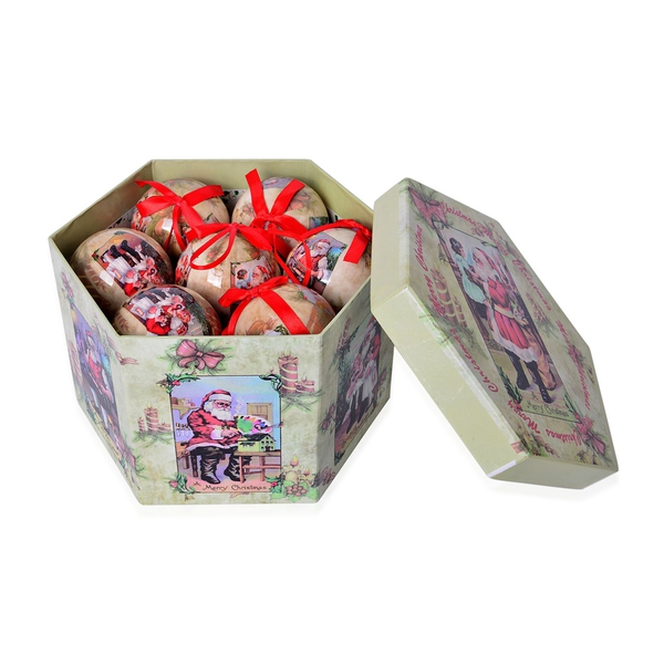 Set of 14 - Green and Multi Colour Santa Pattern Christmas Decoration Baubles in a Box (Size 21.5X15 Cm)