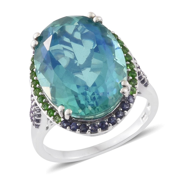 Peacock Quartz (Ovl 16.00 Ct), Chrome Diopside, Amethyst and Iolite Ring in Platinum Overlay Sterlin