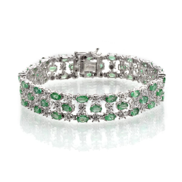 Kagem Zambian Emerald (Ovl), Diamond Bracelet in Platinum Overlay Sterling Silver (Size 7.5) 10.020 
