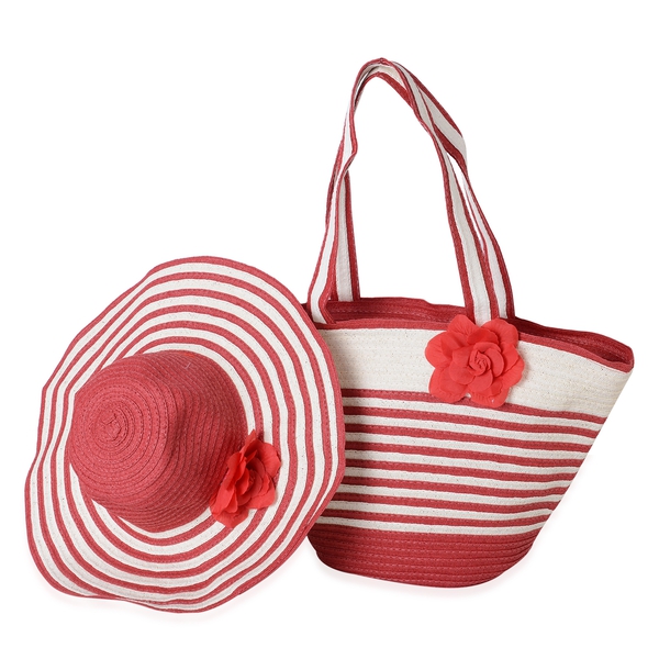 Red and White Colour Flower Adorned Stripe Pattern Tote Bag (Size 47x30x20x13 Cm) and Hat (Size 29x2