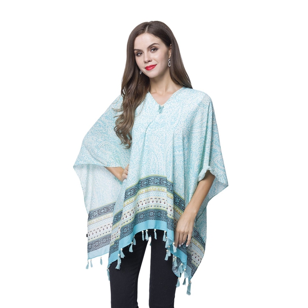 Turquoise, White and Multi Colour Bandana Pattern Poncho with Wooden Beads Adorned Tassels (Size 130