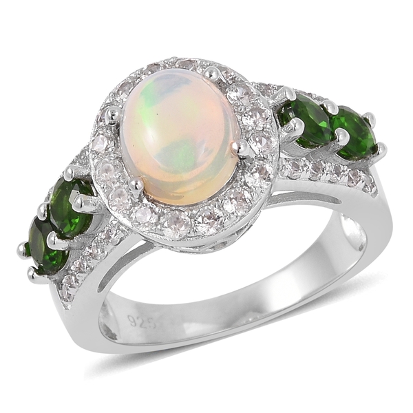 2.78 Ct Ethiopian Welo Opal and Multi Gemstone Halo Ring in Rhodium Plated Silver