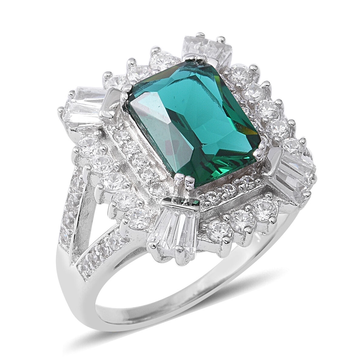 ELANZA Simulated Emerald and Simulated Diamond Halo Ring in Rhodium Plated Silver