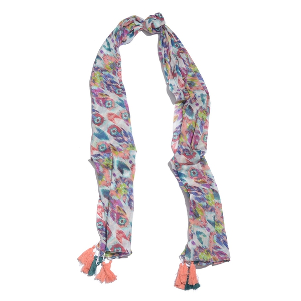 Designer Inspired - 100% Cotton Red, Blue and Multi Colour Printed Scarf with Tassels (Size 210x180 Cm)