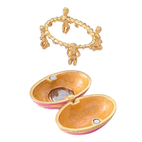 AAA White Austrian Crystal Studded Rose Pink and Light Pink Enameled Egg Shape Jewellery Box with a Clock Mounted on Top in Gold Tone