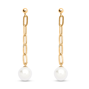 White Shell Pearl Paperclip Dangling Earrings(With Push Back)  in Yellow Gold Overlay Sterling Silve
