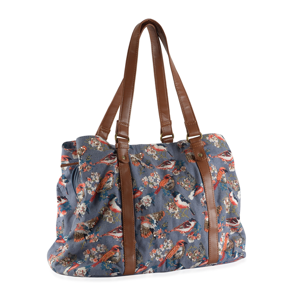 100 % Cotton Multi Colour Birds and Floral Pattern Tote Bag With Sequins and Shoulder Strap (Size 45x30x20 Cm)