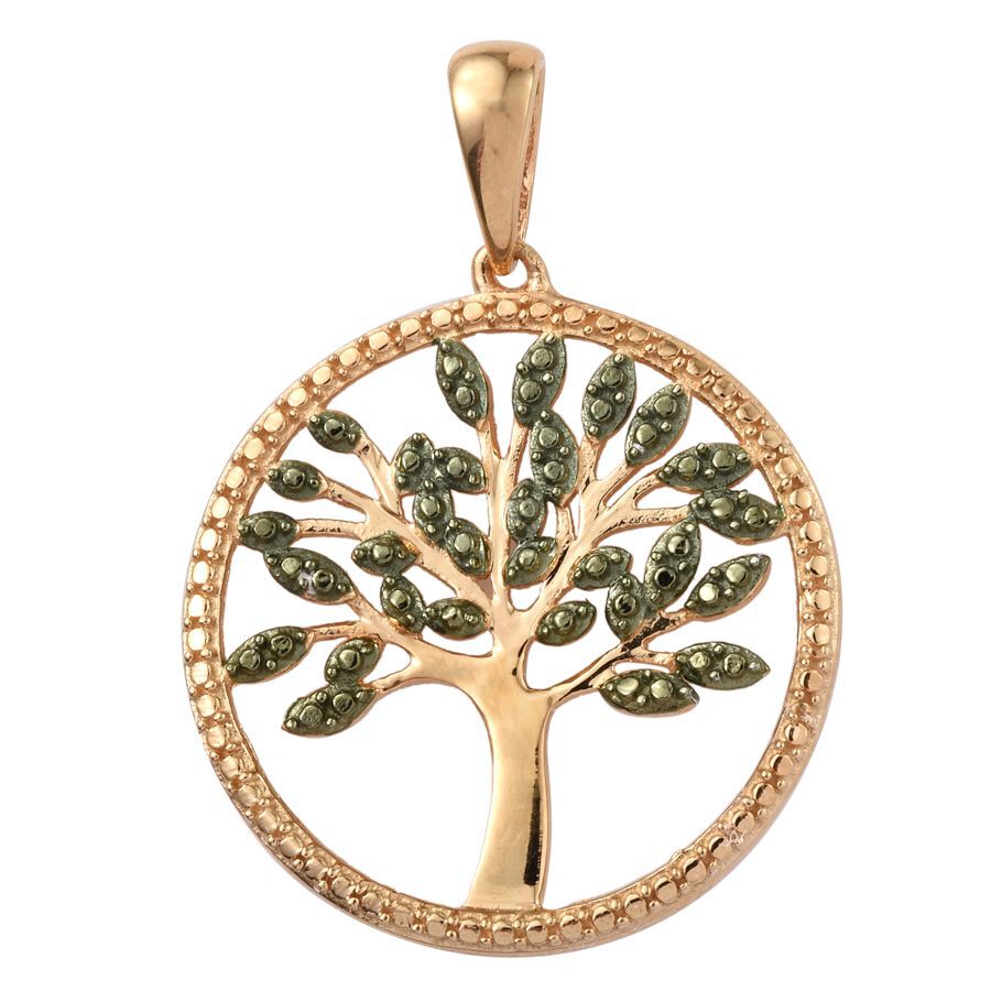 Green Diamond (Rnd) Tree Pendant in 14K Gold Overlay Sterling Silver