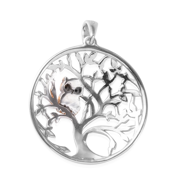 Boi Ploi Black Spinel (Rnd) Tree and Owl Pendant in Yellow Gold, Platinum and Black Plated Overlay Sterling Silver