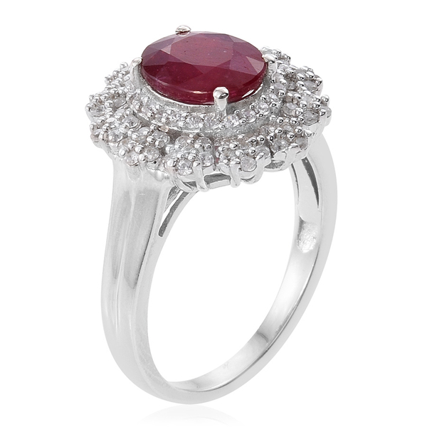 African Ruby (Ovl 4.00 Ct), Natural Cambodian Zircon Floral Ring in Platinum Overlay Sterling Silver 5.250 Ct.