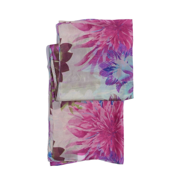100% Mulberry Silk White and Multi Colour Floral Print Scarf (Size 175x100 Cm)
