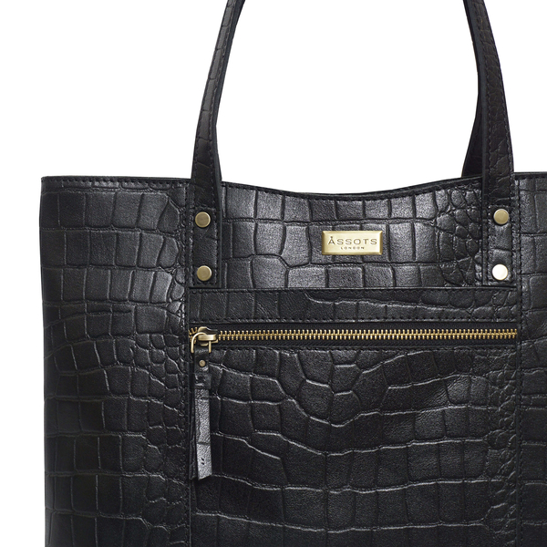 Assots London HELENE - 100% Genuine Croc Leather Handbag (Size 39x26x10cm) - Black