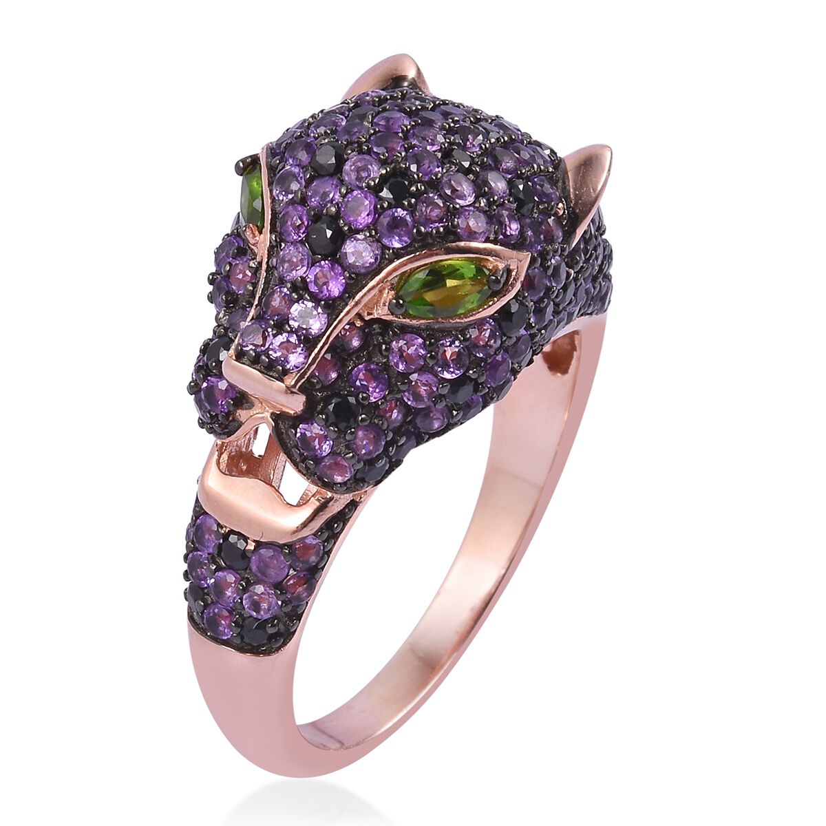 Designer Inspired- Zambian Amethyst,Boi Ploi Black Spinel and Chrome Diopside Panther Face Ring in Black and 14K Rose Gold Overlay Sterling Silver 2.850 Ct. Silver wt 6.50 Gms.