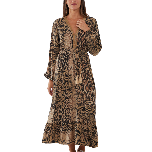 TAMSY Viscose Printed Midi Dress with Tassels - Camel