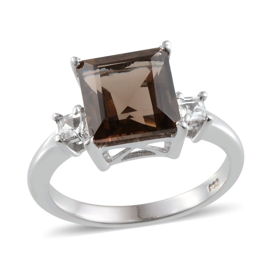 Brazilian Smoky Quartz (Sqr 3.25 Ct), White Topaz Ring in Platinum Overlay Sterling Silver 3.500 Ct.