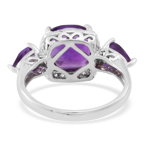 Amethyst (Cush 3.60 Ct), Natural White Cambodian Zircon Ring in Rhodium Plated Sterling Silver 5.000 Ct.