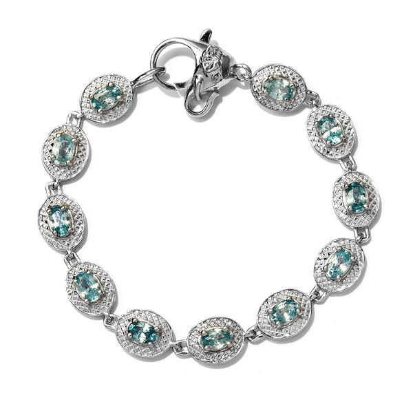 Ratanakiri Blue Zircon Bracelet (Size 7) in Platinum Overlay Sterling Silver 7.21 Ct, Silver wt. 13.
