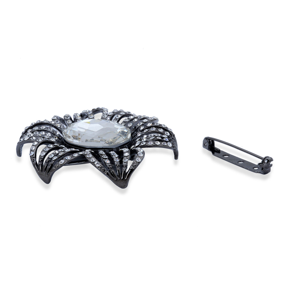 (Option 1) White Glass and White Austrian Crystal Floral Brooch or Scarf Clip in Black Tone