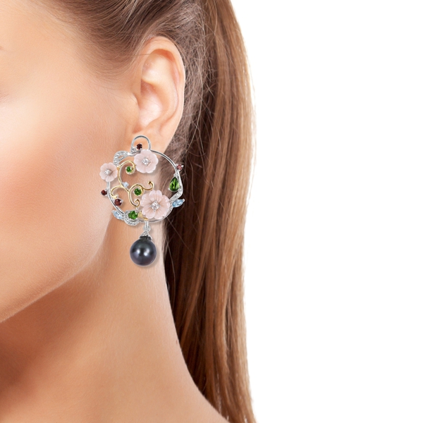 JARDIN COLLECTION - Tahitian Baroque Pearl, Pink Mother of Pearl, Chrome Diopside and Multi Gemstone Floral Earrings (with French Clasp) in Rhodium and Gold Overlay Sterling Silver 7.80 Gms