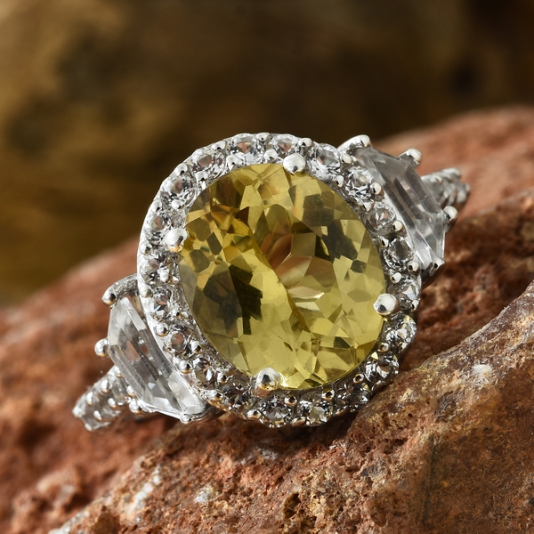 Madagascar Yellow Apatite (Ovl 4.30 Ct), White Topaz Ring in Platinum Overlay Sterling Silver 5.500 Ct.