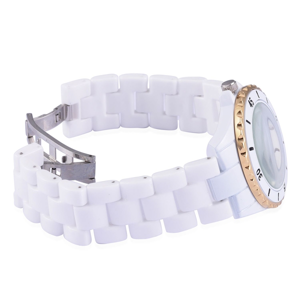 Diamond studded GENOA White Ceramic Japanese Movement Watch with MOP Dial Water Resistant in Gold Tone with Stainless Steel Back
