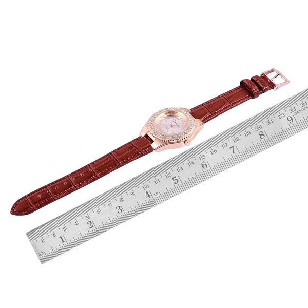 STRADA Japanese Movement White Austrian Crystal Studded White Dial Water Resistant Watch in Rose Gold Tone with Stainless Steel Back and Red Colour Strap