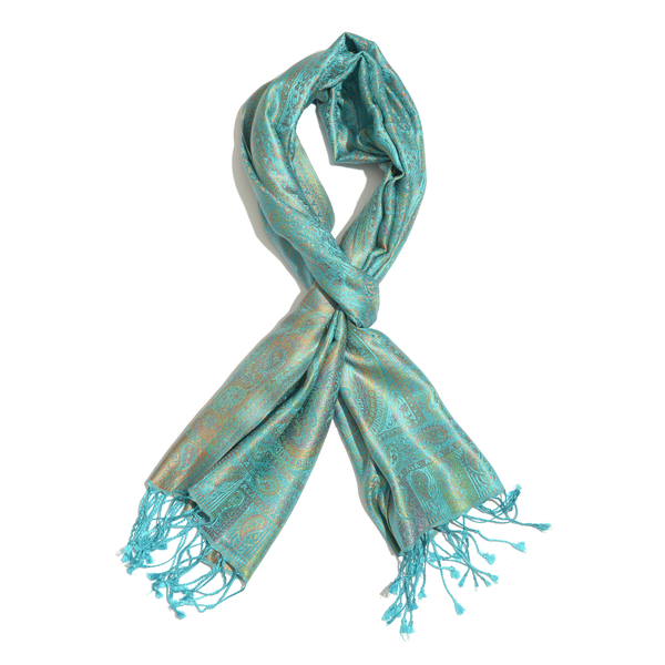 SILK MARK - 100% Superfine Silk Turquoise and Multi Colour Jacquard Scarf with Fringes (Size 180x70 