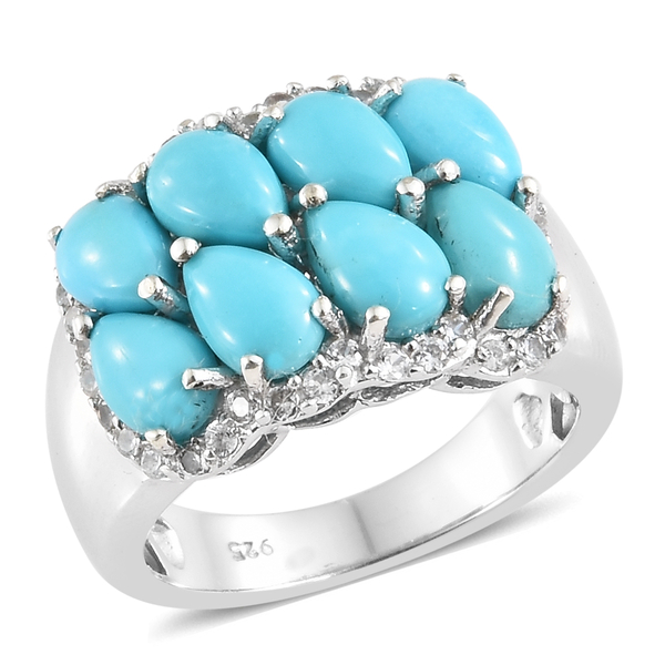 3.75 Ct Sleeping Beauty Turquoise and Zircon Cluster Ring in Platinum Plated Silver 5.20 Grams