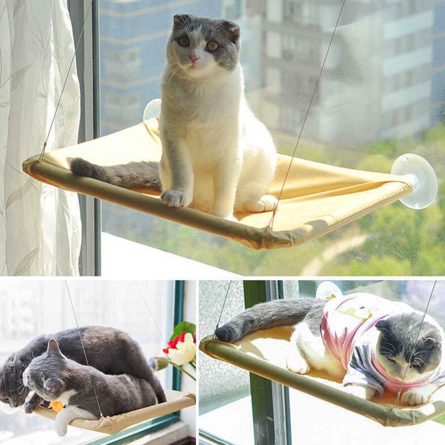 Khaki Colour Window Mounted PET Bed in Stainless Steel (Size 55.8x30.48x3.81 Cm)