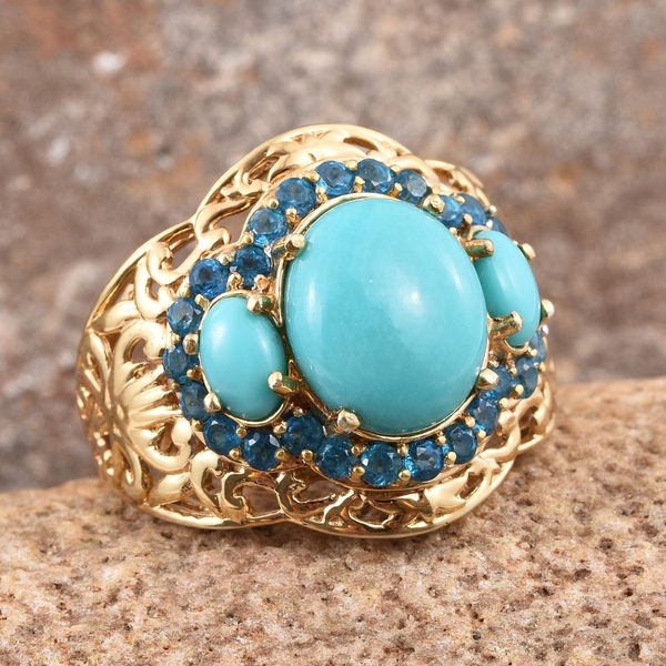 Sonoran Turquoise (Ovl 4.25 Ct), Malgache Neon Apatite Ring in 14K Gold Overlay Sterling Silver 6.250 Ct.