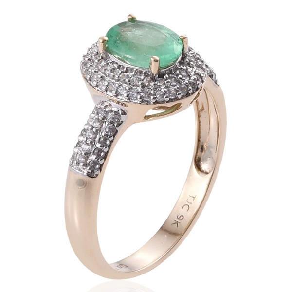 GP 9K Y Gold Boyaca Colombian Emerald (Ovl 1.00 Ct), Natural Cambodian Zircon and Kanchanaburi Blue Sapphire Ring 1.750 Ct.