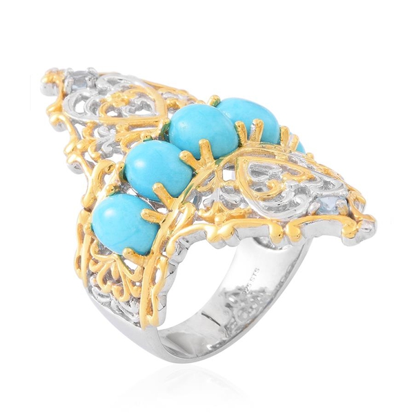 Arizona Sleeping Beauty Turquoise (Ovl), Natural White Zircon Ring in Rhodium and Yellow Gold Overlay Sterling Silver 5.250 Ct.
