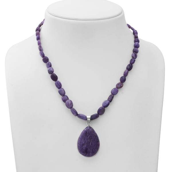 GP Italian Garden Collection - Charoite Beads Necklace with Teardrop Pendant and Star Charm in Platinum Overlay Sterling Silver 150.03 Ct.