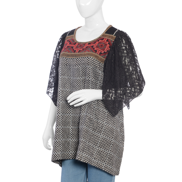 Black,White and Multi Colour Top with Net Flared Sleeves (Size 79 x 63 cm)