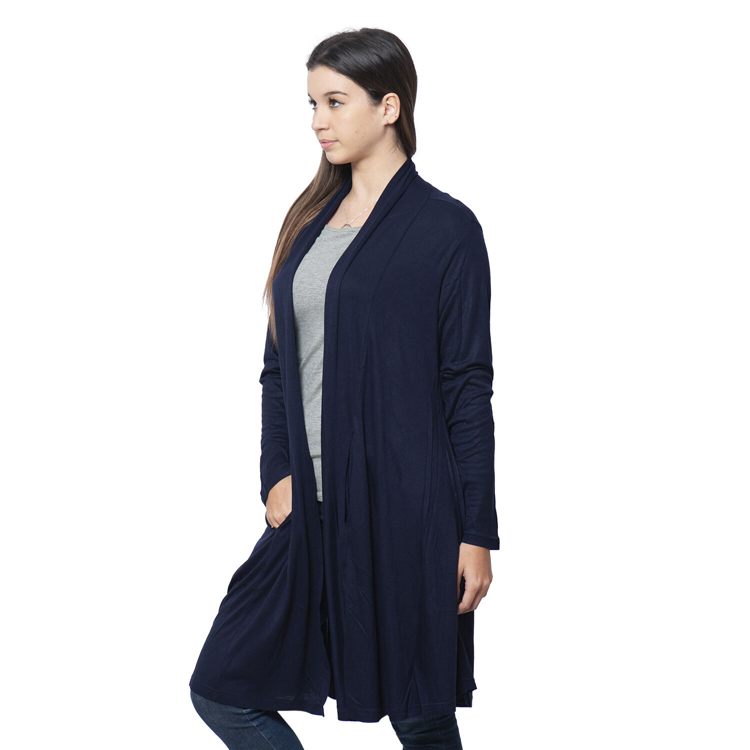 Duster Cardigan with Long Sleeves and Side Pockets in Navy Blue