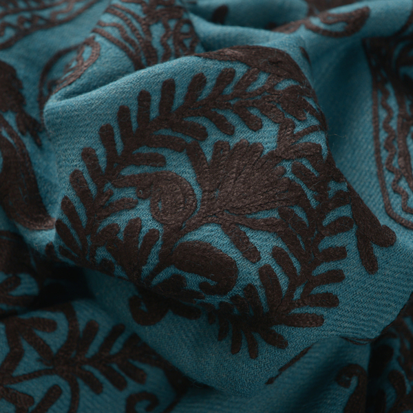 Limited Available - 100% Merino Wool Black Colour Leaf and Paisley Embroidered Indigo Colour Scarf (Size 190x70 Cm)