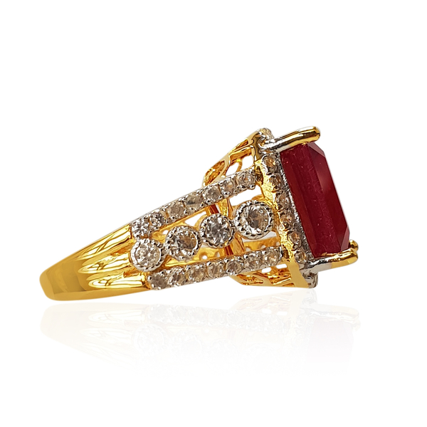 African Ruby (Oct 9.12 Ct), Natural White Cambodian Zircon Cluster Ring in Rhodium and Yellow Gold Overlay Sterling Silver 10.910 Ct, Silver wt 5.50 Gms.