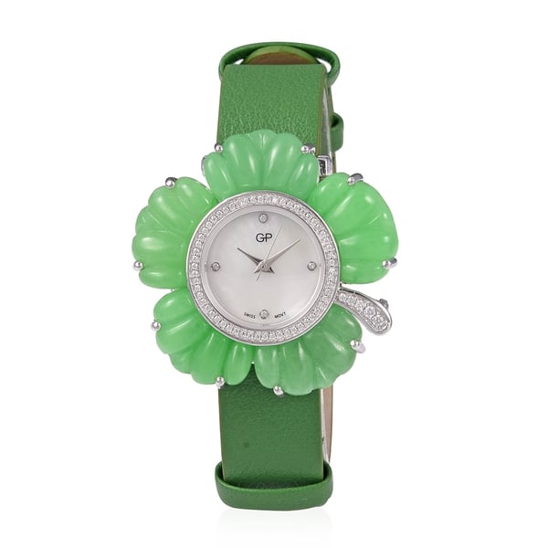 GP Swiss Movement Water Resistant Carved Green Jade and Simulated Diamond Sterling Silver Watch with Extra Black Strap 53.50 Ct, Metal wt 24.00 Gms