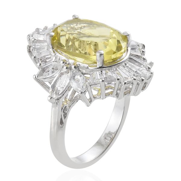 Natural Ouro Verde Quartz (Ovl 5.80 Ct), White Topaz Ring in Platinum Overlay Sterling Silver 9.000 Ct.