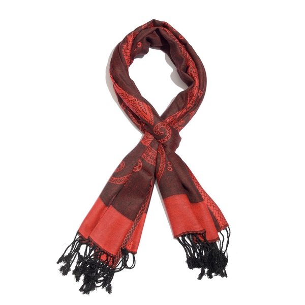 Limited Edition- Designer Inspired-Red and Black Colour Dragonfly Pattern Jacquard Scarf with Tassel