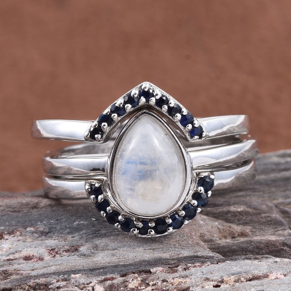 Kimberley Rainbow Moonstone (Pear 2.50 Ct), Kanchanaburi Blue Sapphire 3 Ring Set in Platinum Overlay Sterling Silver 2.750 Ct.