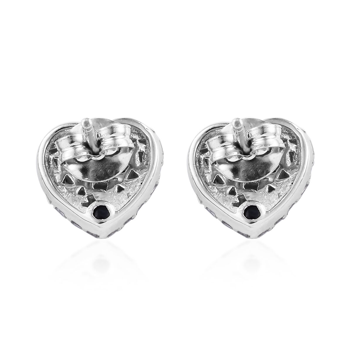 GP - Natural Diamond & Blue Sapphire Heart Stud Earrings with Push Back in Platinum Overlay Sterling Silver 0.54 Ct.