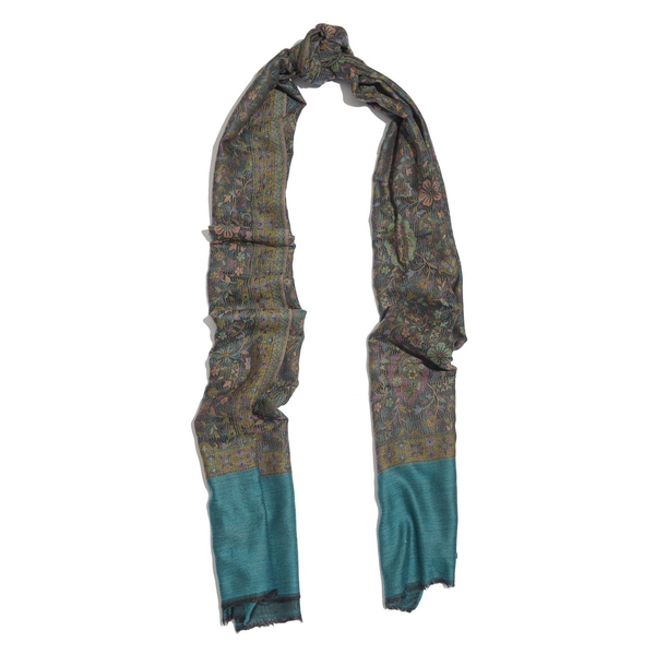 88% Merino Wool and 12% Silk Green, Black and Multi Colour Scarf with Fringes (Size 180x70 Cm)