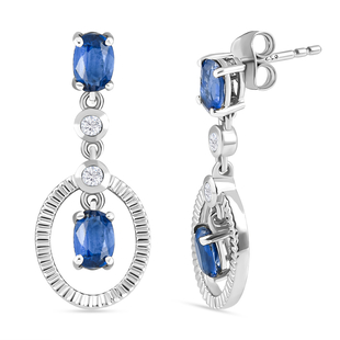 Kyanite and Natural Cambodian Zircon Dangling Earrings in Platinum Overlay Sterling Silver 2.62 Ct.