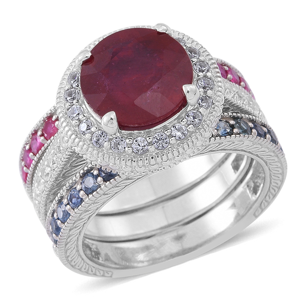 African Ruby (Rnd 5.39 Ct), Kanchanaburi Blue Sapphire, Ruby and Natural White Cambodian Zircon Ring