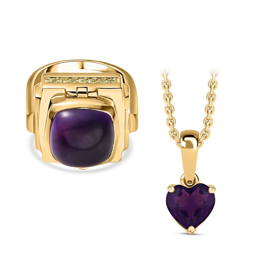 GP Art Deco Collection - Amethyst & Hebei Peridot Enclosed Pendant inside Openable Ring in 18K Vermeil Yellow Gold Plated Sterling Silver 9.26 Ct, Silver Wt. 15.92 Gms