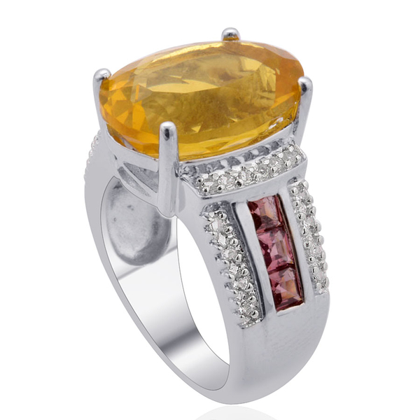Yellow Fluorite (Ovl 6.65 Ct), Indian Garnet and White Topaz Ring in Platinum Overlay Sterling Silver 7.750 Ct.